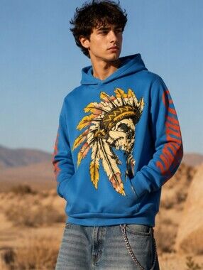 Cloudstyle Warrior Head Native American Chief Colorful Blue Hoodie Sz L